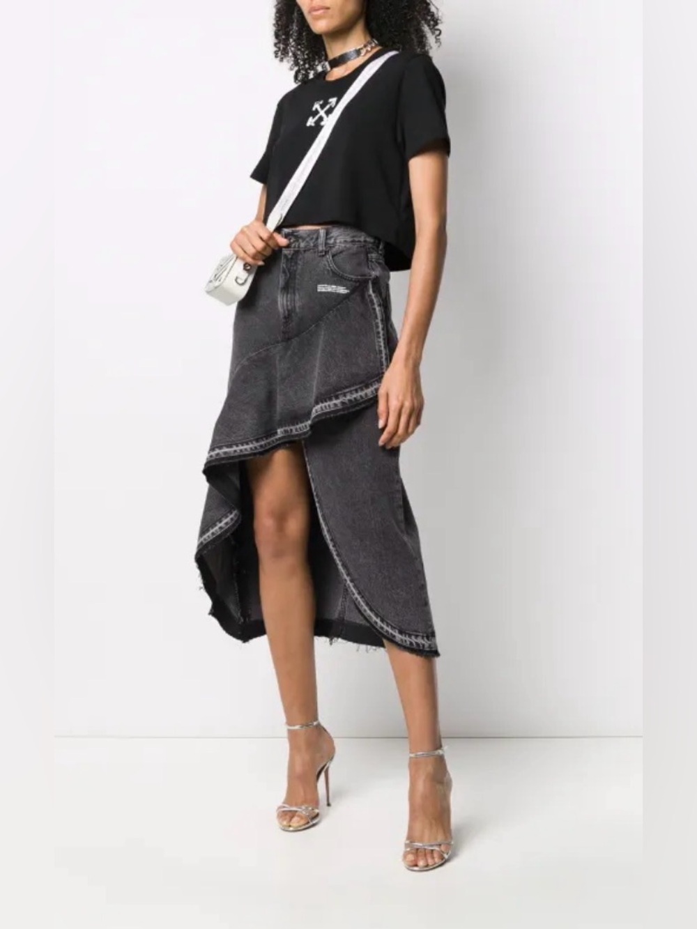 Off-White Denim Maxi Skirt asymmetrical hem condition black grey logo EUC - Picture 1 of 12